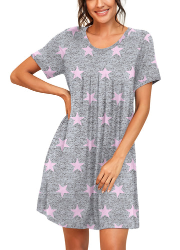 Womens  Short Sleeve Nightgown Soft Pleated Nightshirt Scoopneck Casual Loungewear